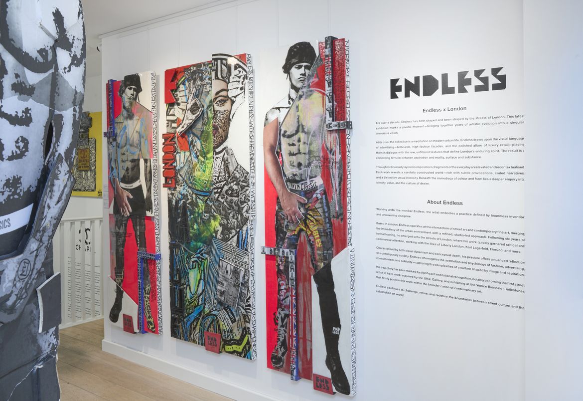Artwork by Endless on a gallery wall, featuring people formed from cut up images