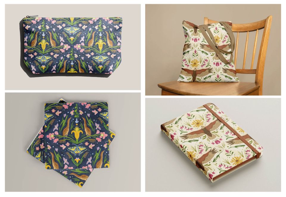 Design with plants and birds on a pillow, wrapping paper, a bag and a notebook