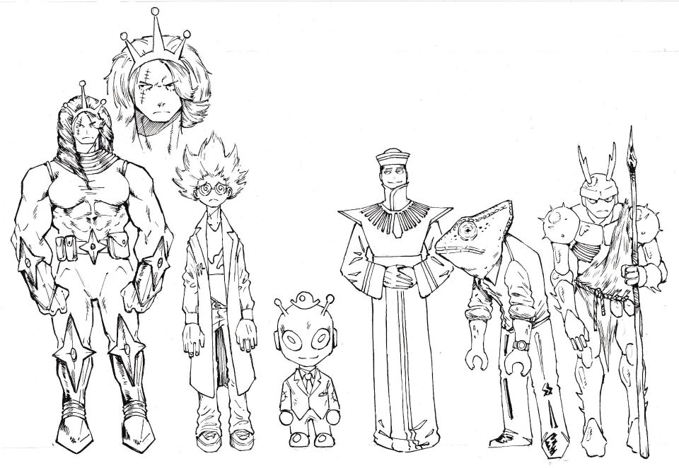 Black and white illustration of seven different sci-fi characters