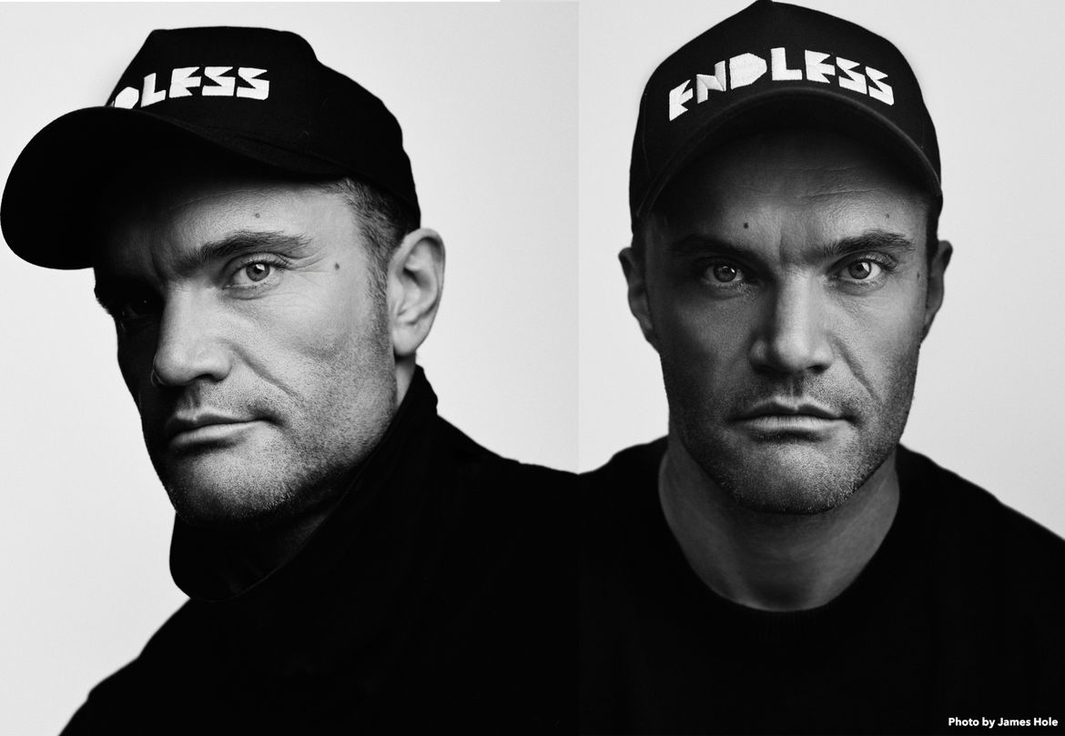 Two black and white photos of Endless wearing a baseball cap with Endless on