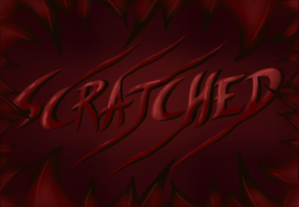 The word Scratched embossed in red on red background with scratches coming off the ends of the letters