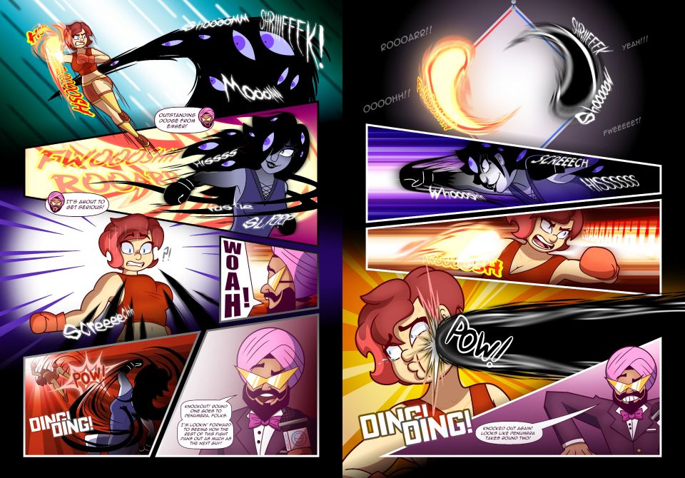 Double page spread from graphic novel showing two female boxers with super powers fighting