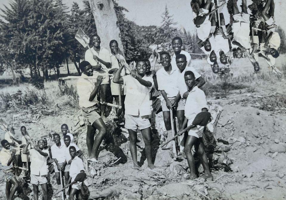 Photo of several boys on a beach, with smaller version of same photo to the bottom left, and again but upside down on the top right