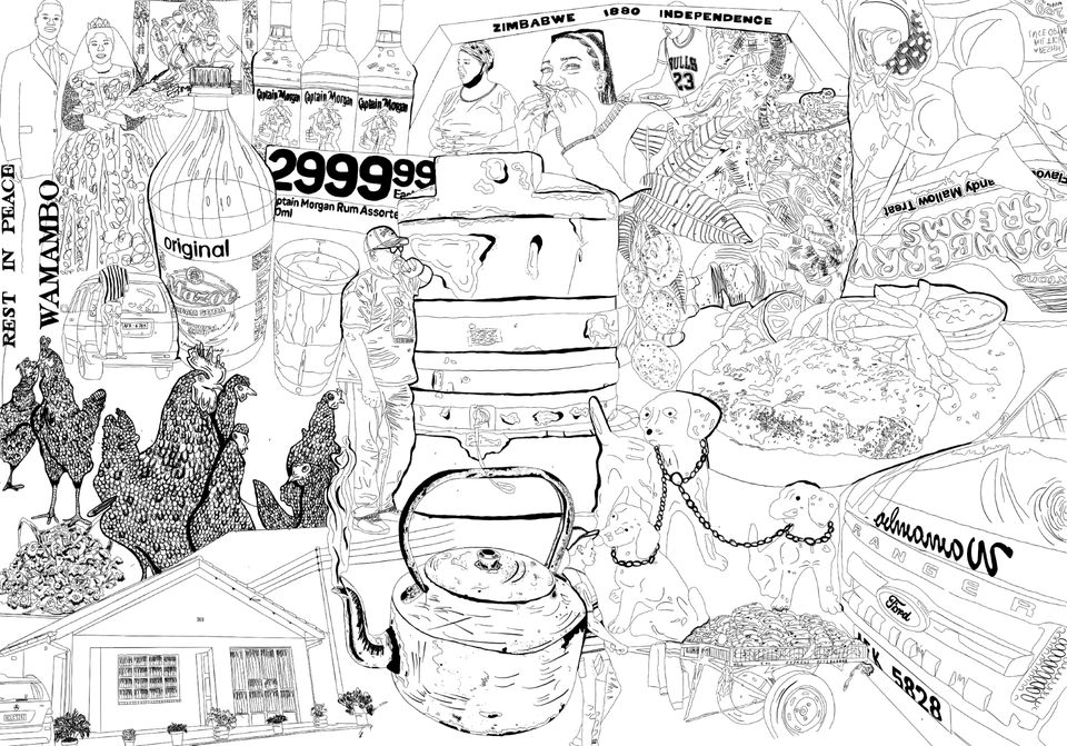 Black and white illustration of various significant scenes from a person's life