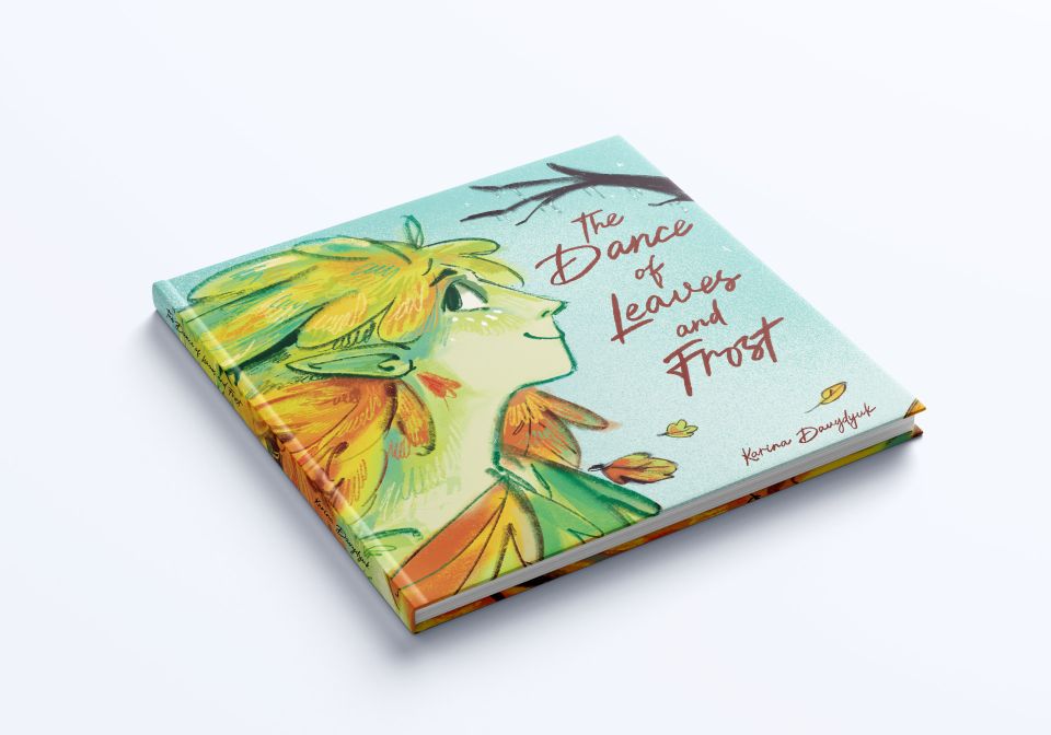 Font cover of hardback book The Dance of Leaves and Frost with illustration of a leaf-covered elf