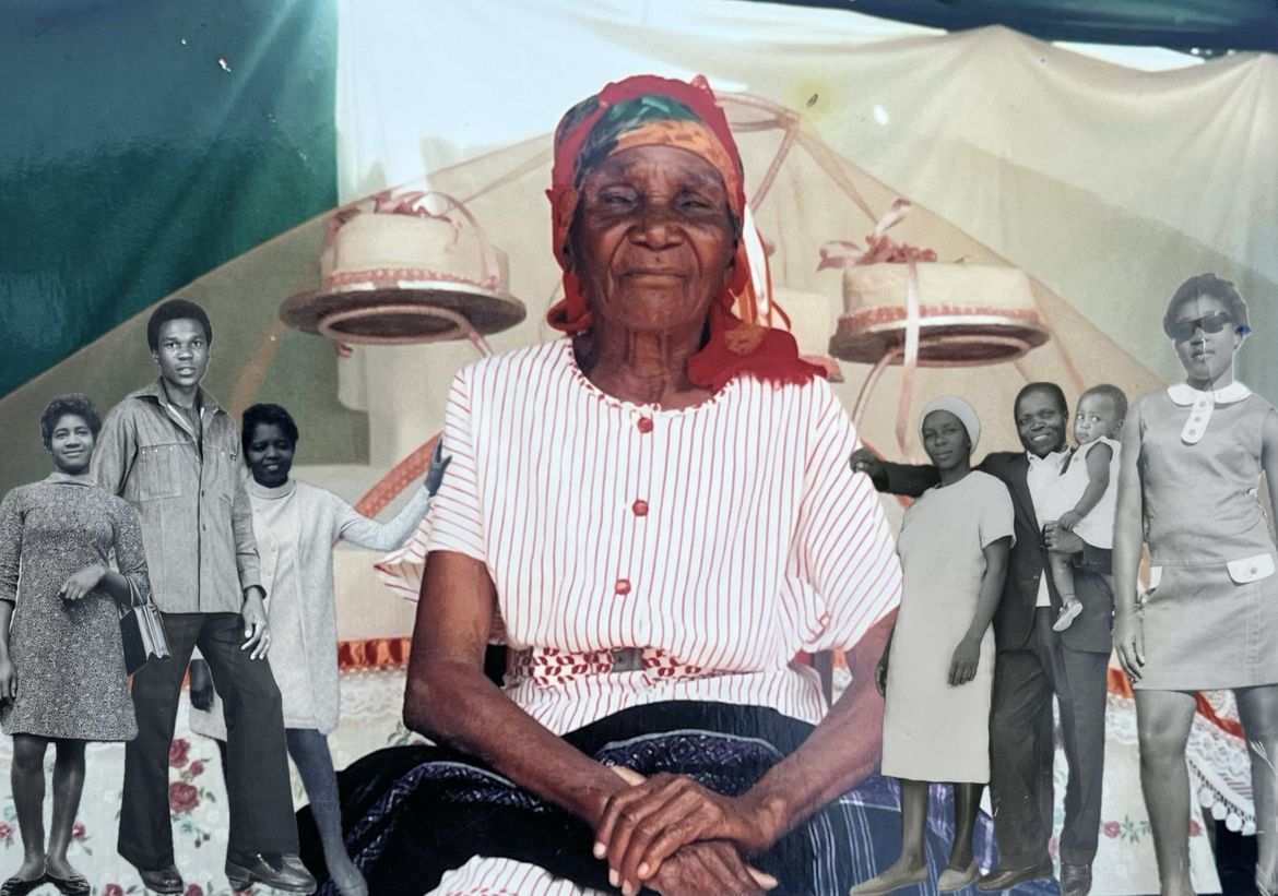 Photo of an elderly woman wearing headscarf next to cut out photos of other people from same family
