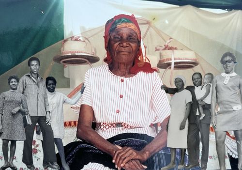 Photo of an elderly woman wearing headscarf next to cut out photos of other people from same family