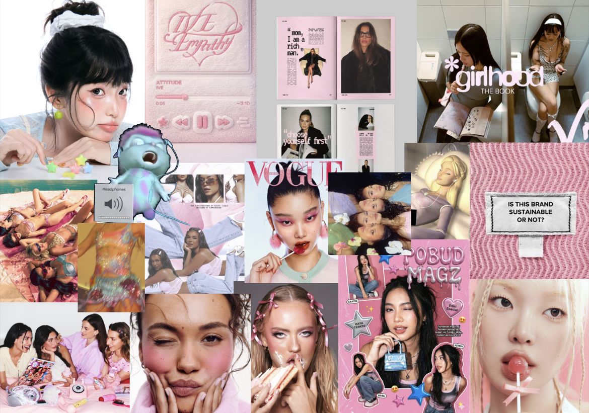 Various images of women in different situations, often with sweets or putting on make-up