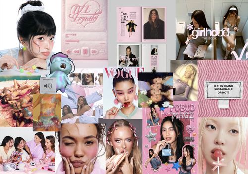 Various images of women in different situations, often with sweets or putting on make-up