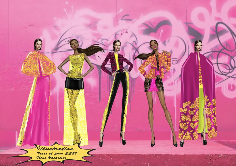 Colourful illustration of five garments being worn by female models with pink background