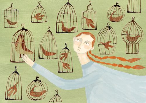 Illustration of girl with red pigtails surrounded by caged birds