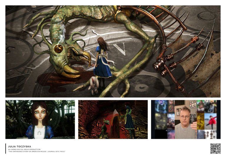 Four still from documentary on American McGee; top: Alice standing before a dead jabberwock, bottom: Alice CGI render; Alice and Cheshire Cat in-game; American McGee talking