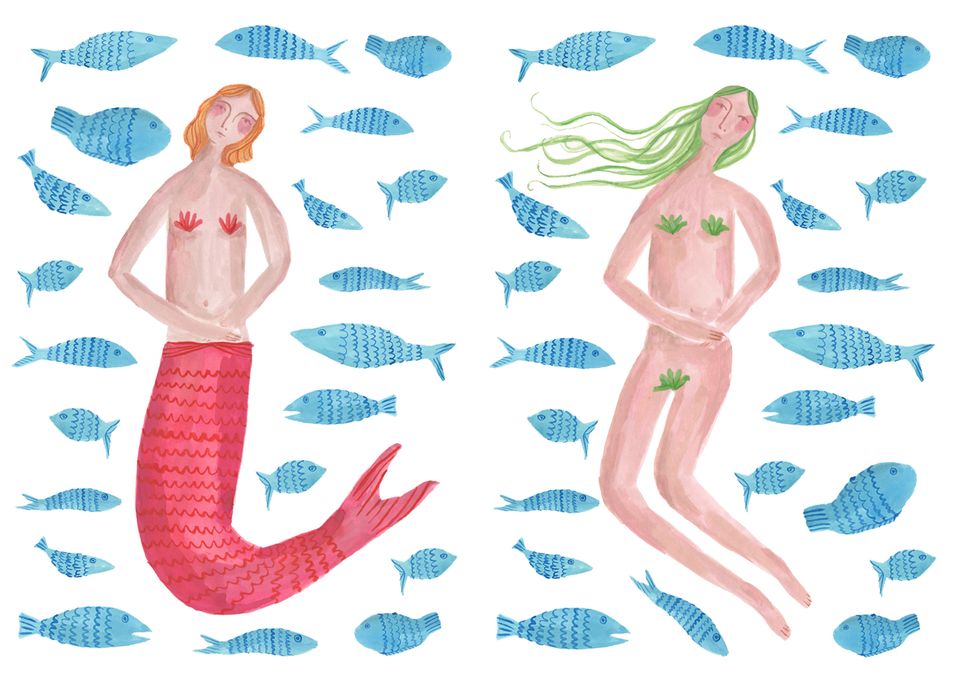 Illustration of two mermaids surrounded by fish