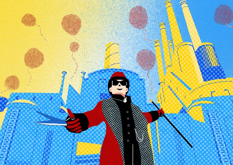 Illustration of man wearing red hat and coat, black shades, and holding a wand in front of a factory