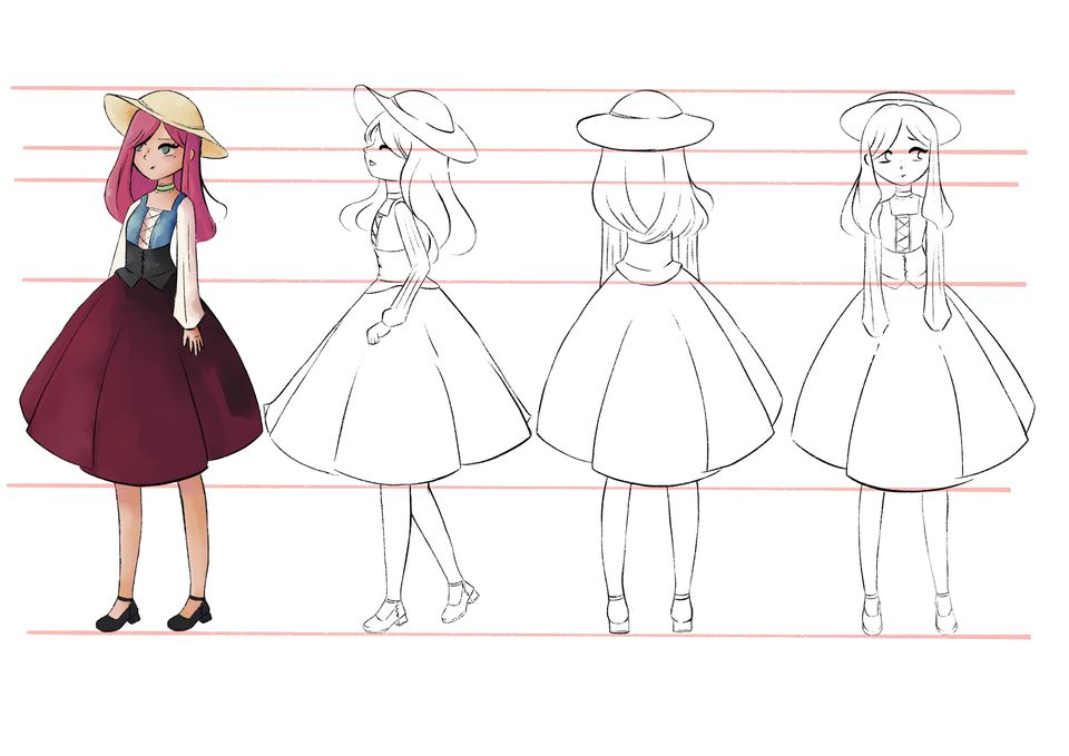 Four illustrations of young woman in dress from different positions, the first in full colour, others line-drawn