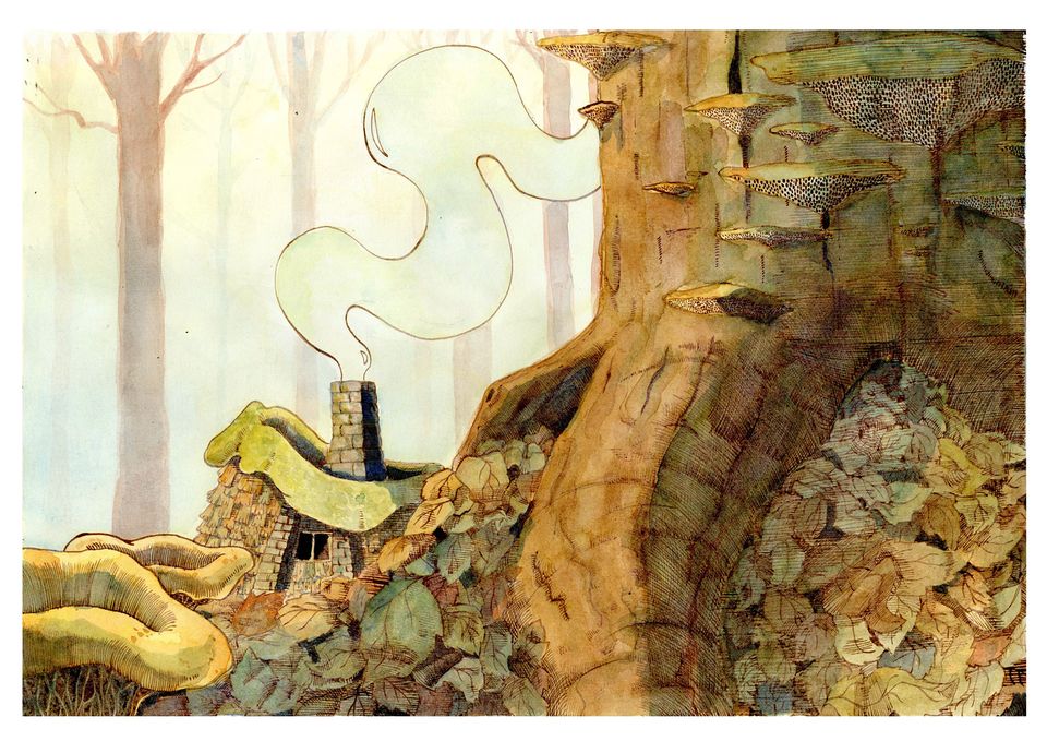 Illustration of a cottage with smoking chimney next to a huge tree