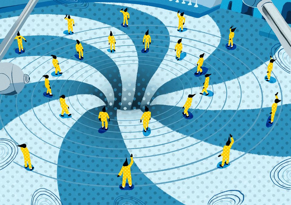 Illustration of people in yellow uniform standing around hole in the ground surrounded by concentric circles