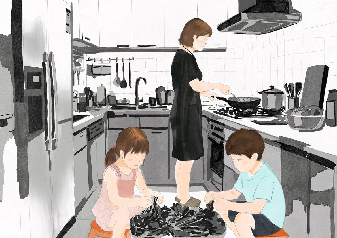 Illustration of mother working at kitchen hob while boy and girl peel vegetables at a table in the foreground