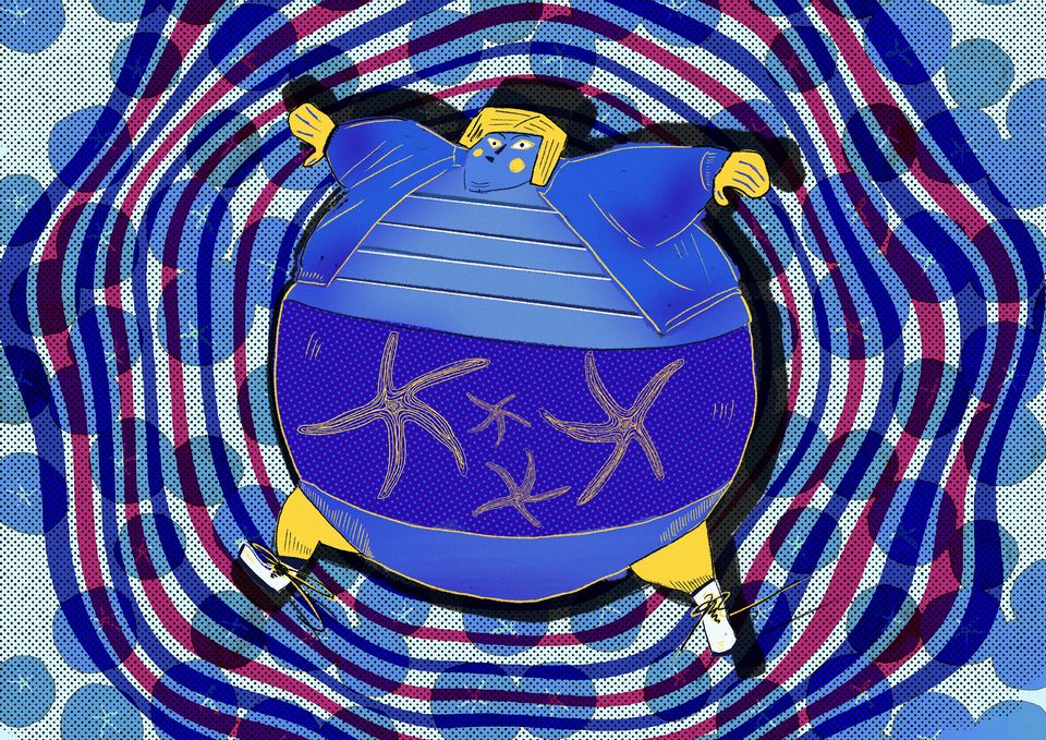 Illustration of extremely rotund child surrounded by swirly red and blue lines