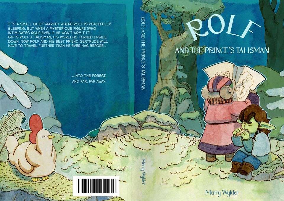 Cover of graphic novel "Rolf and the Prince's Talisman" featuring illustration of a goblin-like creature lpaying a wind instrument next to rat reading map in a forest scene with a chicken on the back cover