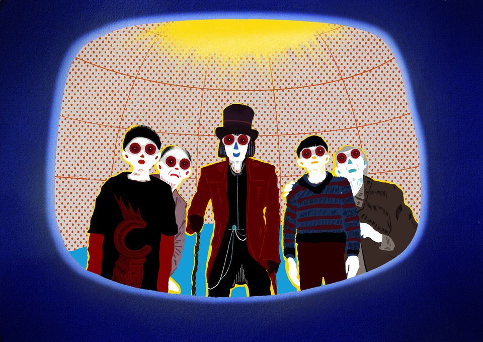 Illustration of man in top hat with stick and four other people on tv screen