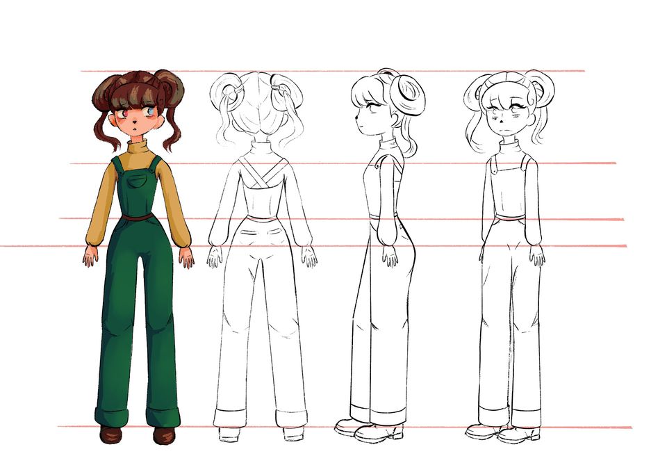 Four illustrations of girl in different poses, the first one in colour the others line-drawn
