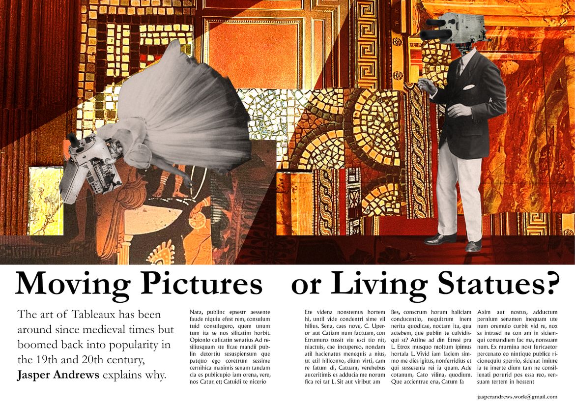 Cut-up illustration of besuited man with video camera for head looking at woman with camera for head in ball gown falling over in spotlight and header "Moving Pictures of Living Statues? The art of Tableaux has been around since medieval times but boomed back into popularity in the 19th and 20th Century, Jasper Andrews explains why." and placeholder article text