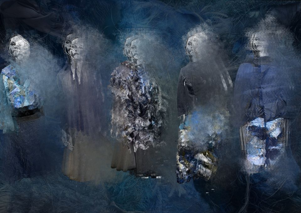 Blurred illustration of five silvery blue outfits being worn by models