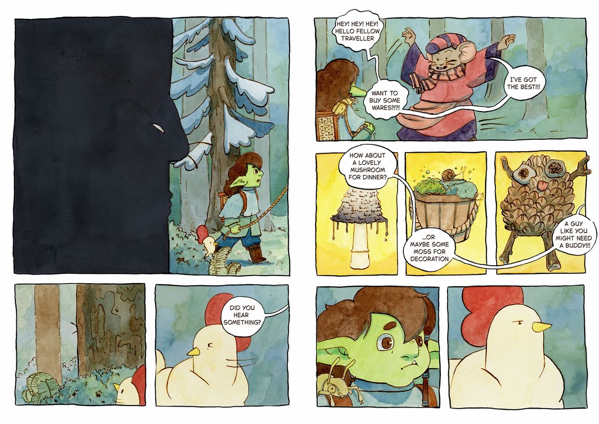 Pages from a graphic novel showing a goblin-like creature talking to a hen and a rat