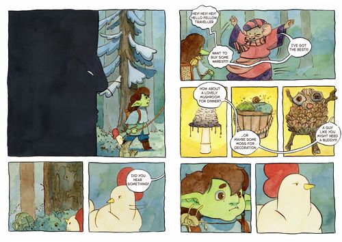 Pages from a graphic novel showing a goblin-like creature talking to a hen and a rat