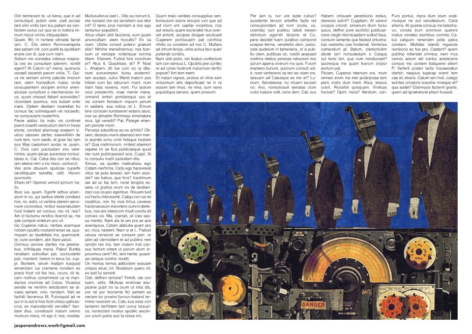 Cut-up illustration of row of tuxedo-wearing men with periscopes on their heads standing above arcane radio equipment with placeholder article  copy to give context