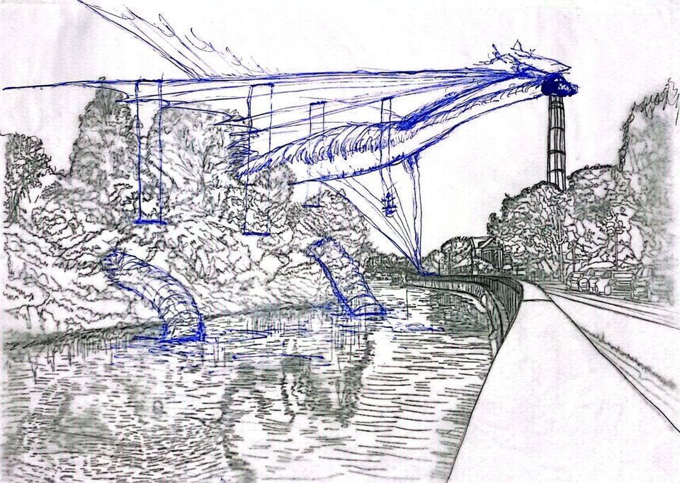 Black and white illustration of the river Cam and Museum of Industry chimney, with blue ink dragon flying overhead