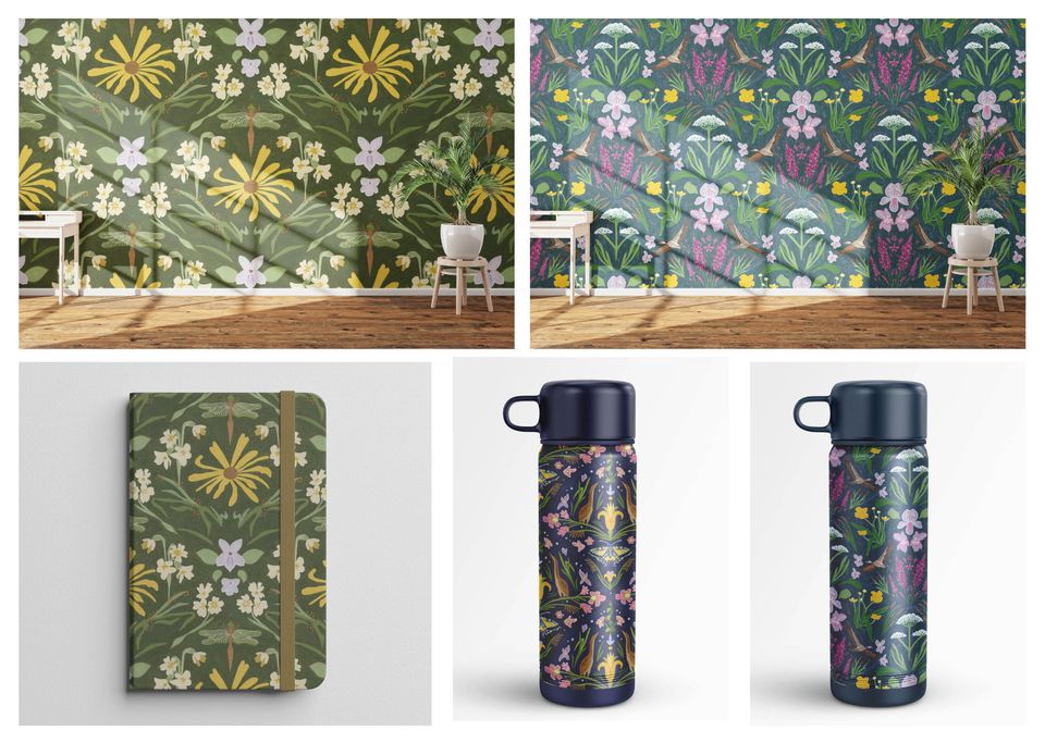 Design with plants on wallpaper, a notebook and flasks
