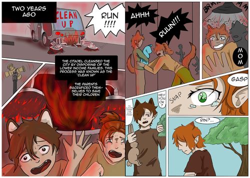 Graphic novel spread showing teens with animal ears and tails running from a clean-up crew