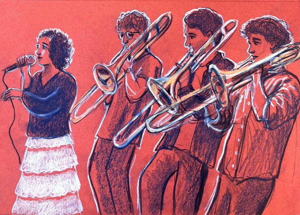 Illustration of a woman singing into a microphone in front of three male trombonists