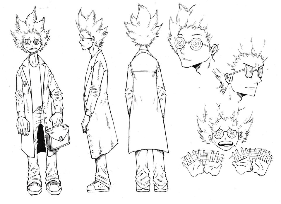 Black and white illustrations of man with spijy hair and lab coat in different positions