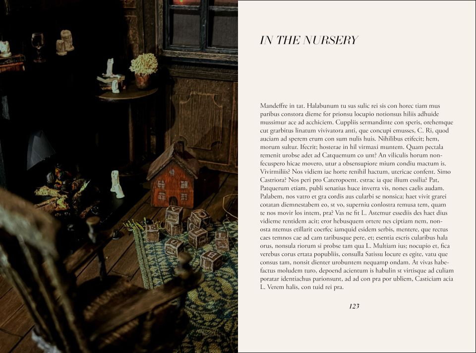 Book spread with image of a room interior with doll's house, play bricks, a small round table and chair on left, and text passage headed "in the Nursery" on right