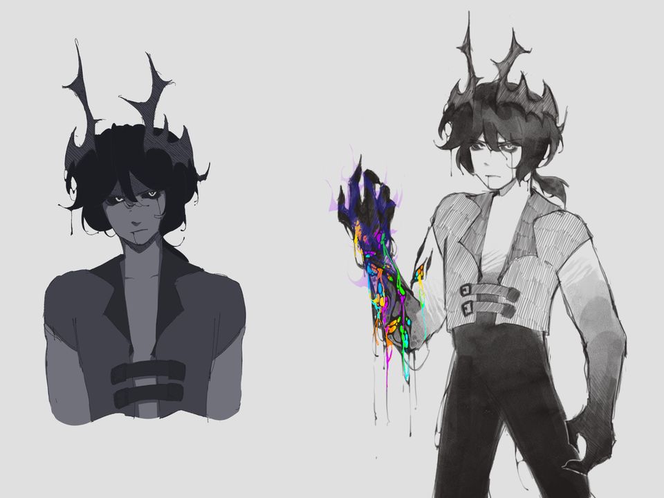 Two illustrations of a man with horns, one showing his hand dripping with colourful liquids