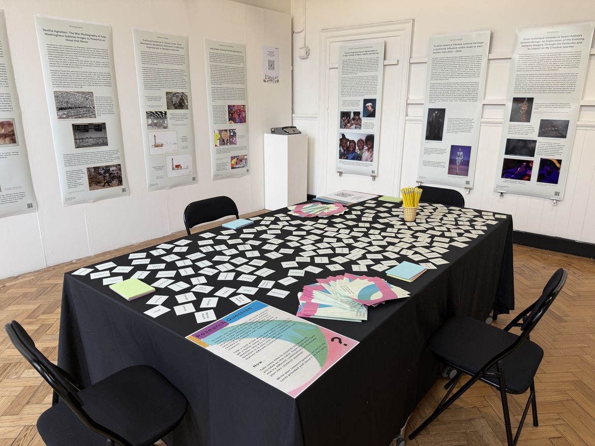 Photo of a table covered in white cards and other leaflets in room with walls covered with posters with text and images