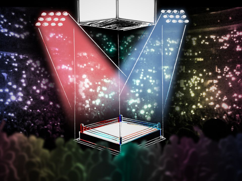 Animation still of a boxing ring lit up with red and blue lights