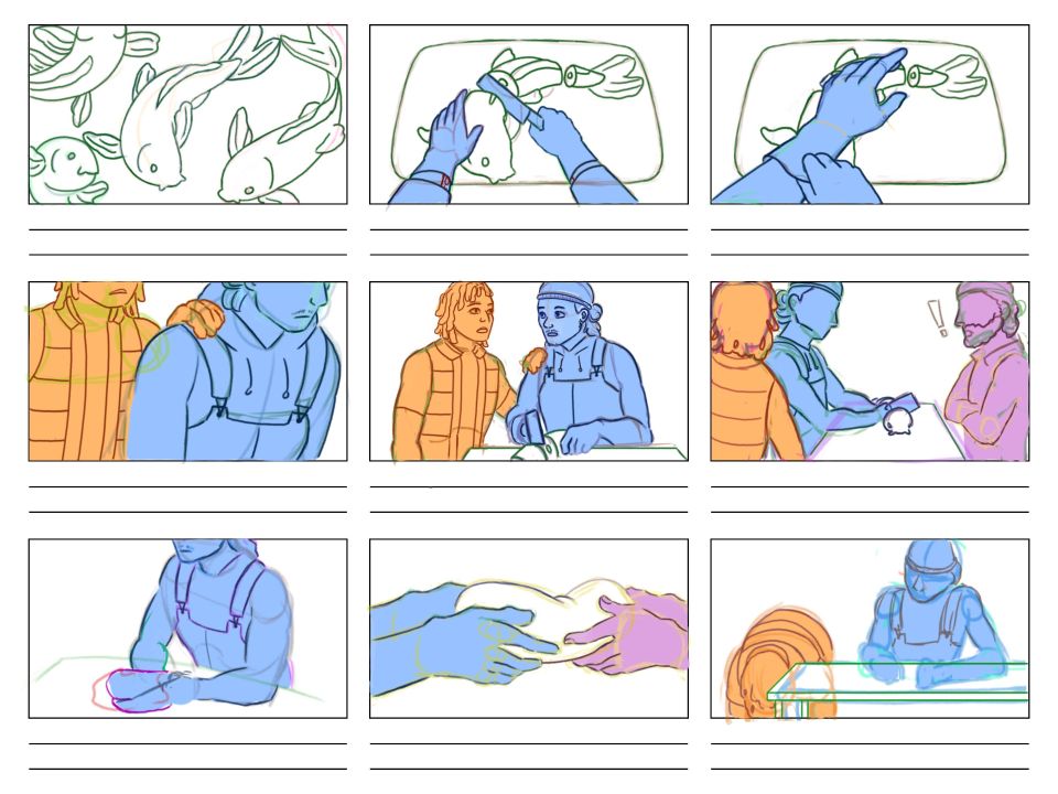 Animation storyboard showing person cutting up fish on chopping board, wrapping it and handing it to customer