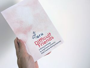 Cover of book "Difficult Friends" with a mottled pink-yellow background and ARU logo