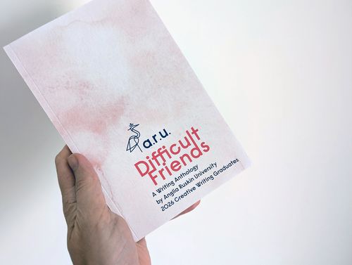 Cover of book "Difficult Friends" with a mottled pink-yellow background and ARU logo
