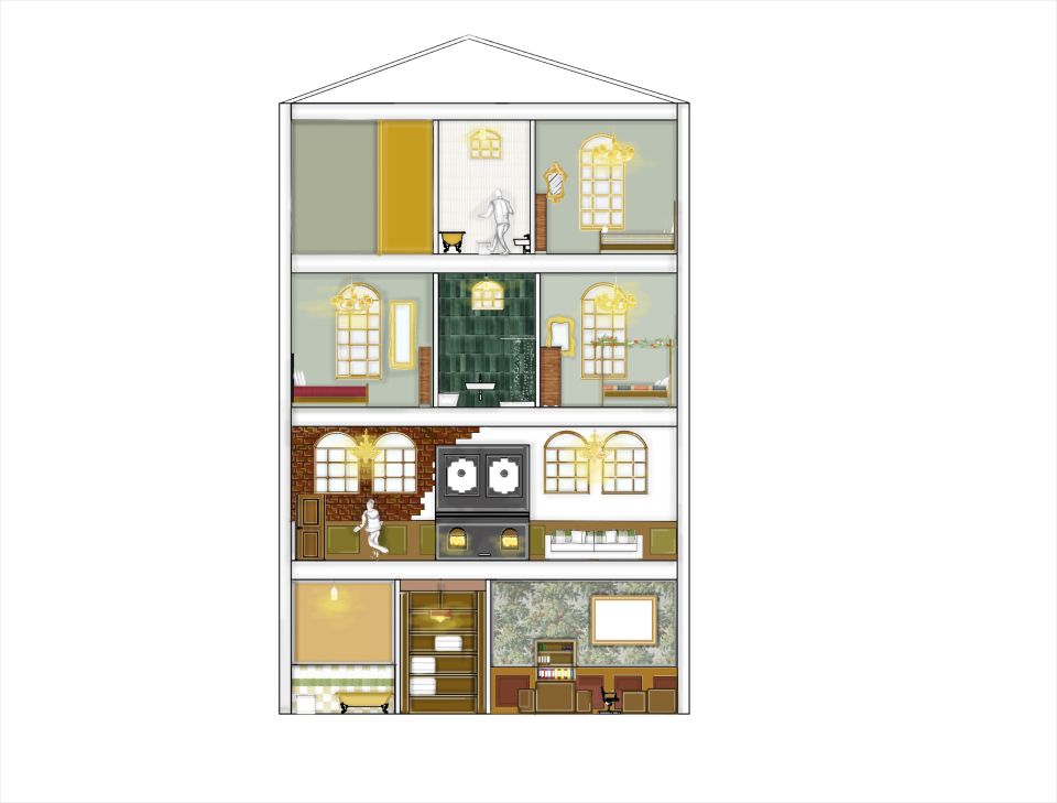 Side view of hotel cross-section showing various rooms on four storeys