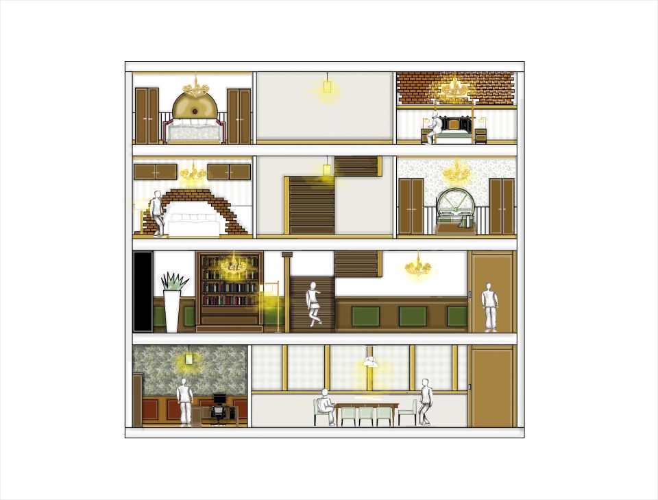Side views of several rooms in a hotel