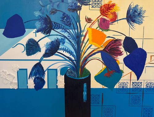 Acrylic and yarn picture of plants in a vase