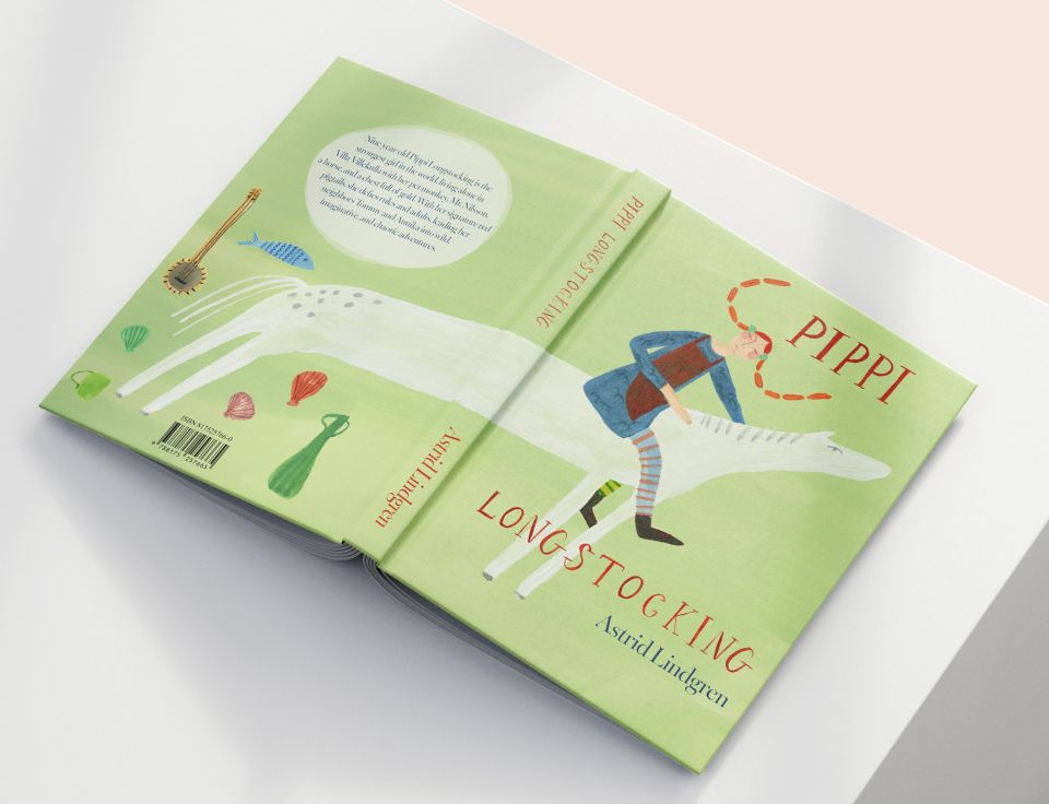 Cover of Pippi Longstocking book showing girl with red pigtails sitting on long horse