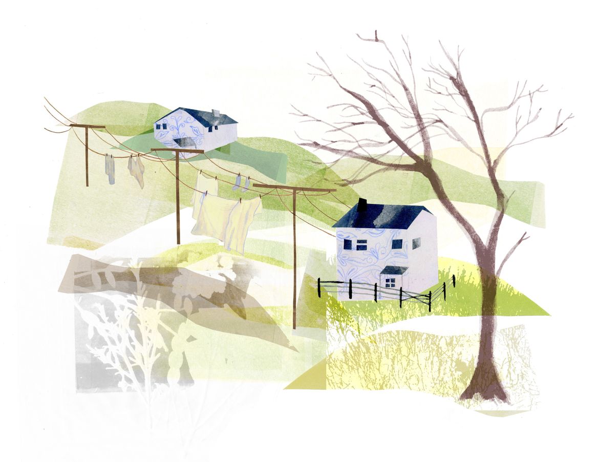 Illustration of two white houses and telegraph poles on green hillside with bare tree in foreground
