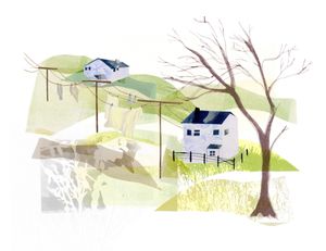 Illustration of two white houses and telegraph poles on green hillside with bare tree in foreground