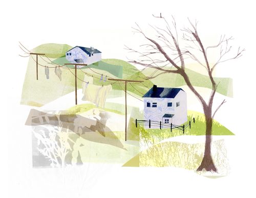 Illustration of two white houses and telegraph poles on green hillside with bare tree in foreground